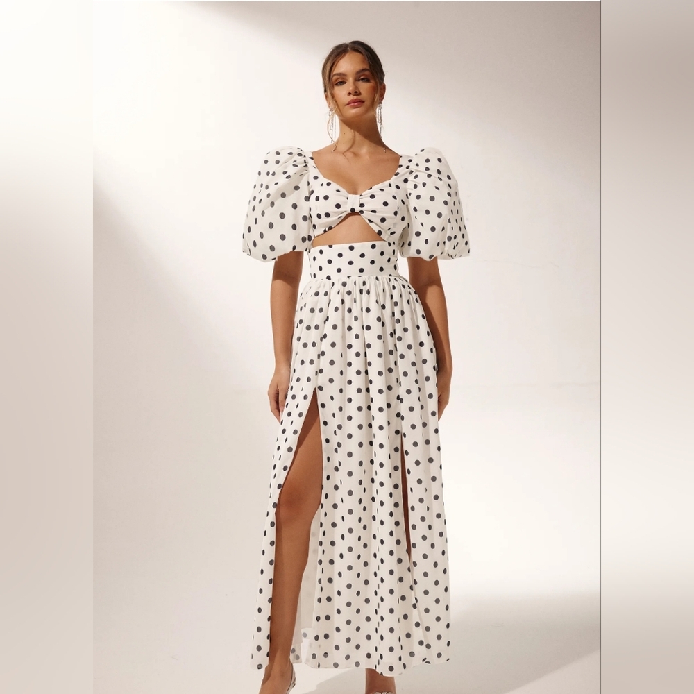 Set of white and black Polka Dot top and high-slit long skirt in size S